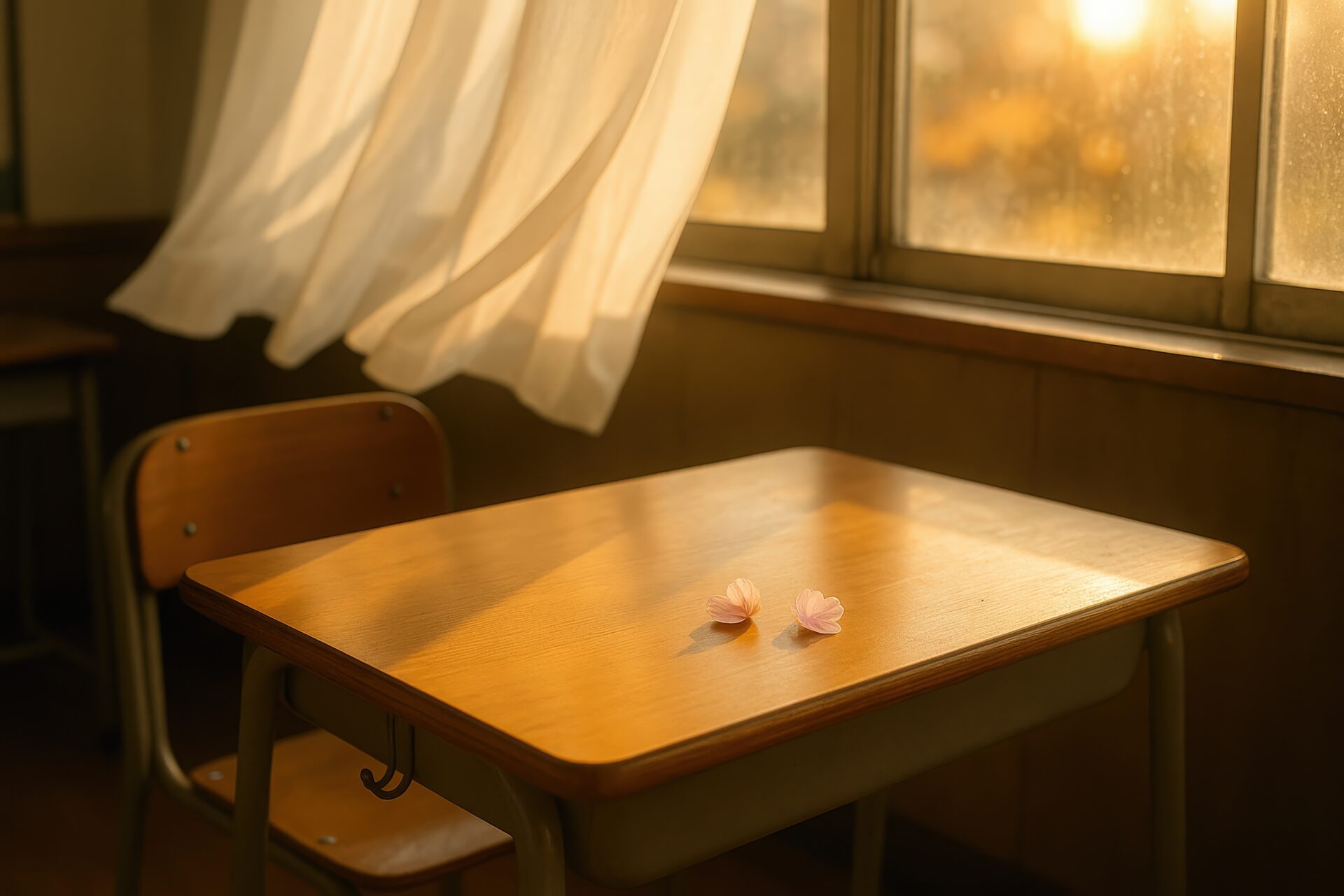 夕日の差し込む教室の机に桜の花びらが舞う風景