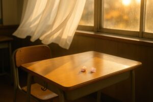 夕日の差し込む教室の机に桜の花びらが舞う風景