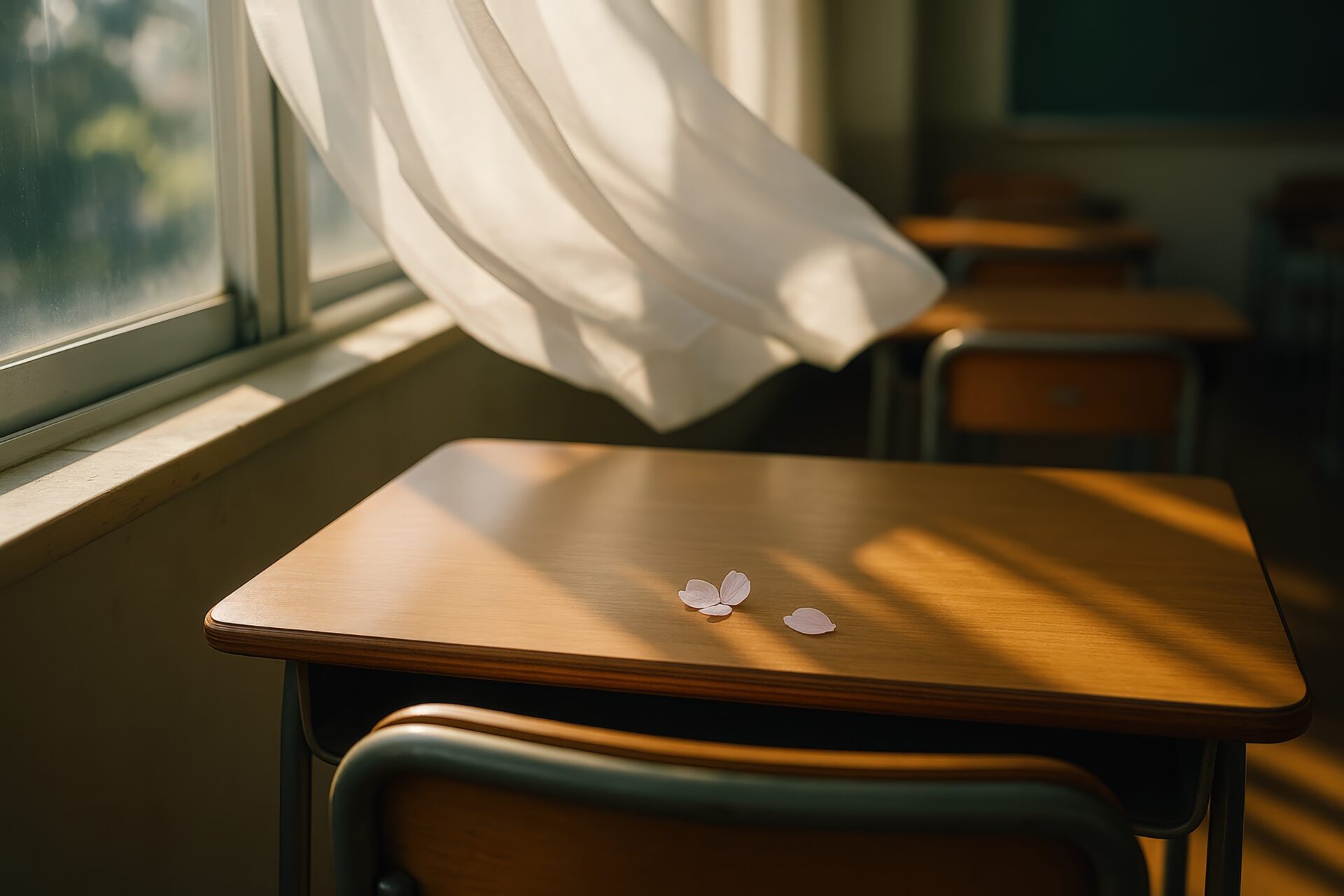 春の光に包まれた教室の机と桜の花びら