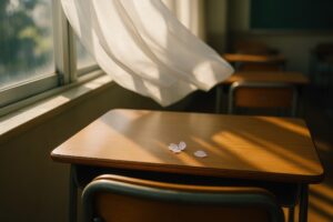 春の光に包まれた教室の机と桜の花びら