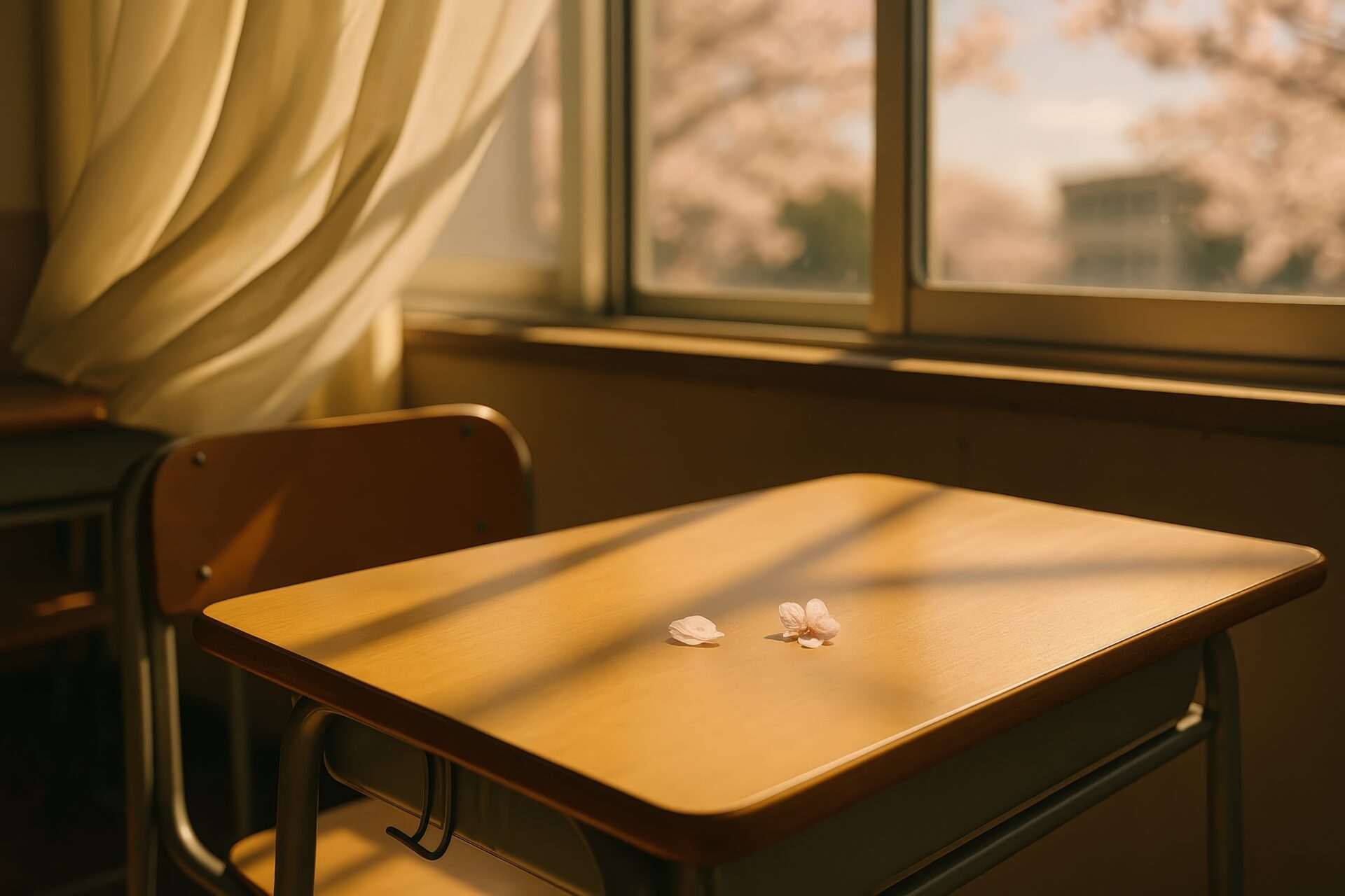 窓の外に桜が咲く春の教室と花びらの落ちた机