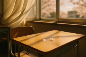 窓の外に桜が咲く春の教室と花びらの落ちた机