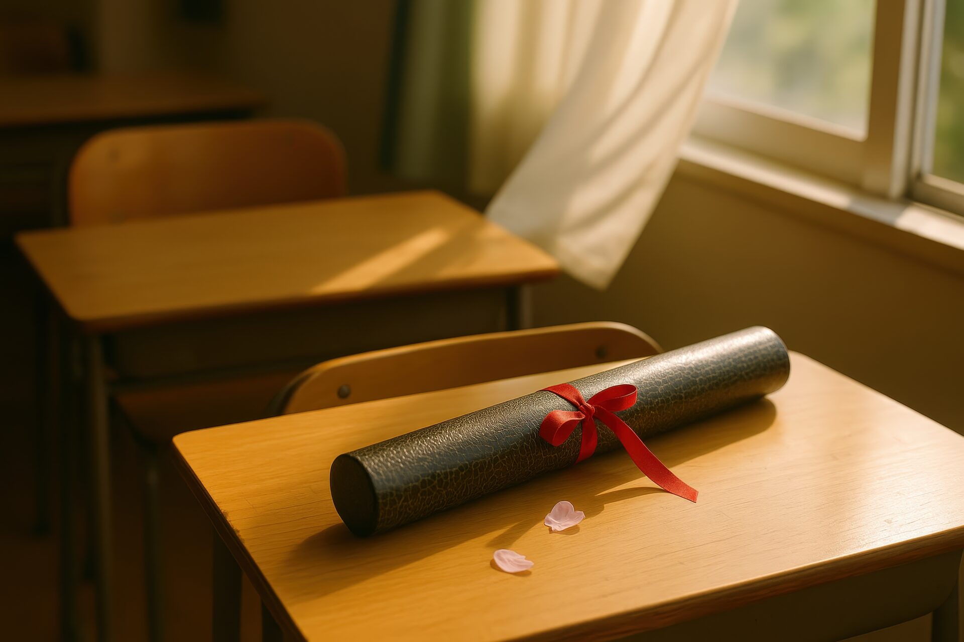 赤いリボンの卒業証書と桜の花びらが置かれた教室の机