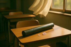 卒業証書と桜の花びらが並ぶ放課後の教室の机