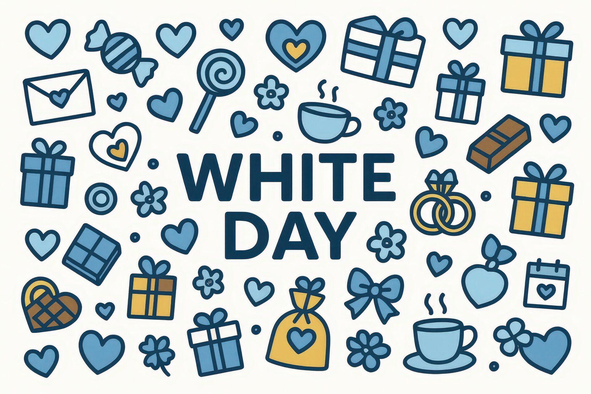 ギフトやリングが並ぶホワイトデーのポップな背景イラスト