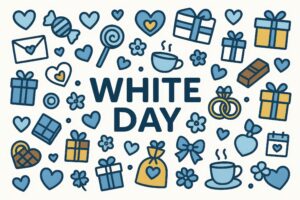ギフトやリングが並ぶホワイトデーのポップな背景イラスト