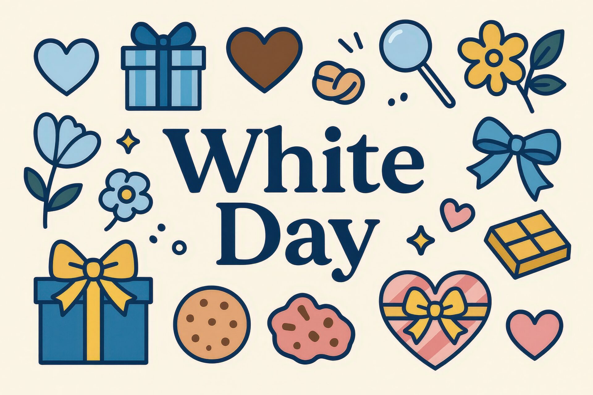 花やクッキーが散りばめられたホワイトデーの背景デザイン