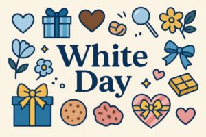 花やクッキーが散りばめられたホワイトデーの背景デザイン