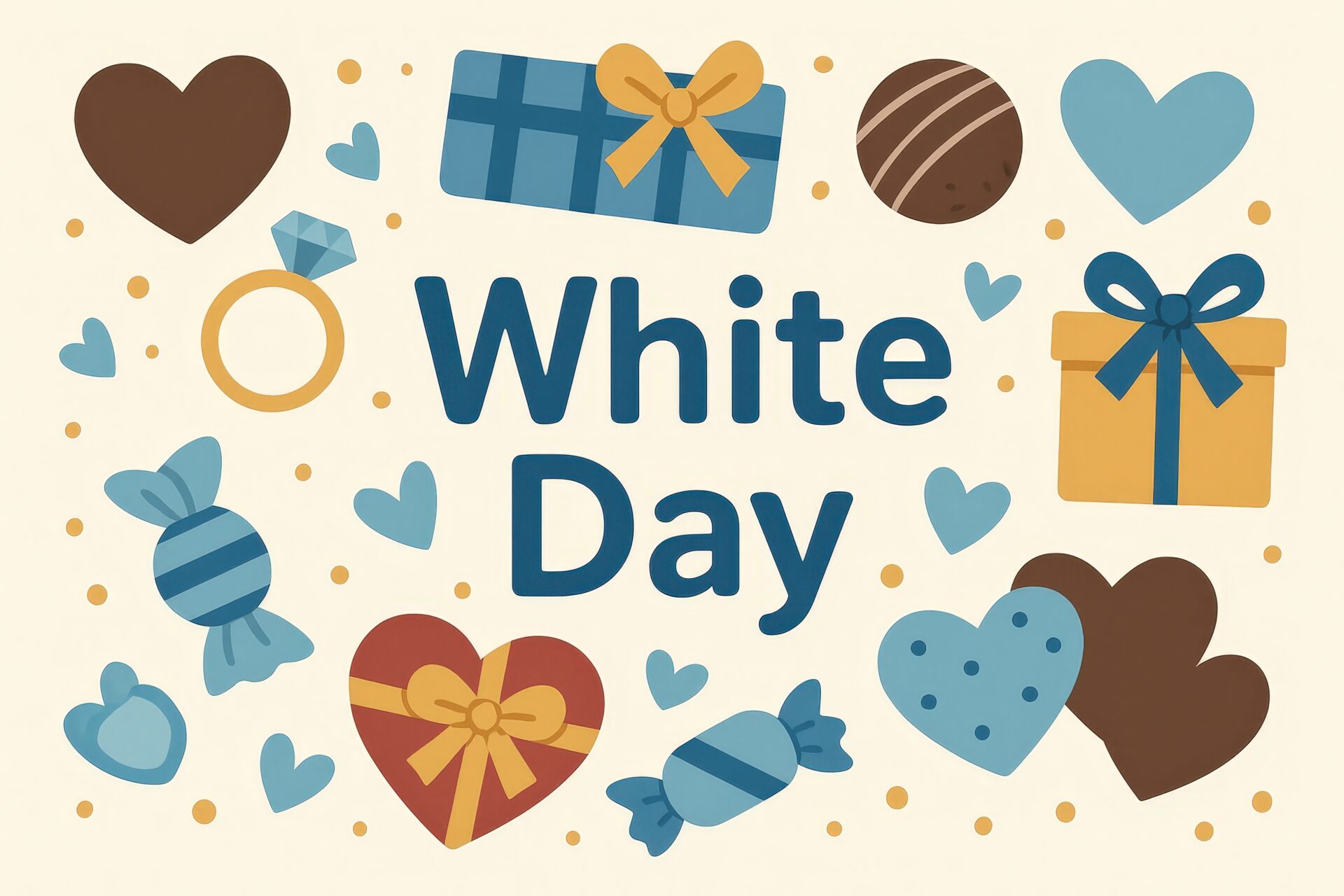 カラフルなハートとギフトが並ぶホワイトデーのイラスト