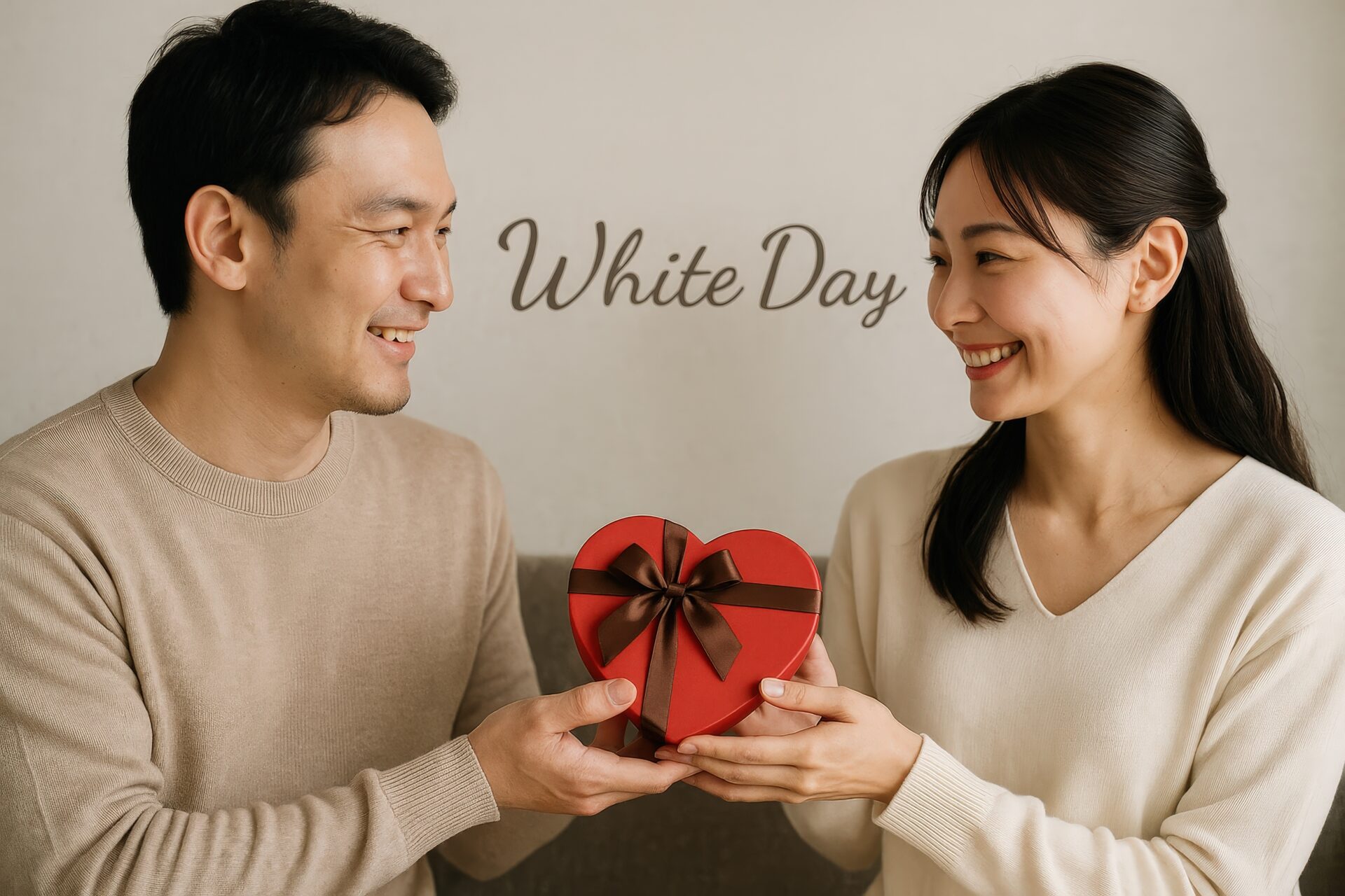 赤いハート型のギフトボックスを手渡しするカップル