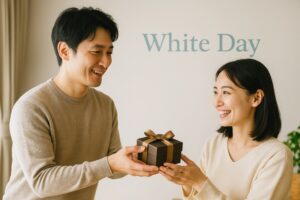 ホワイトデーのプレゼントを笑顔で手渡しする男女
