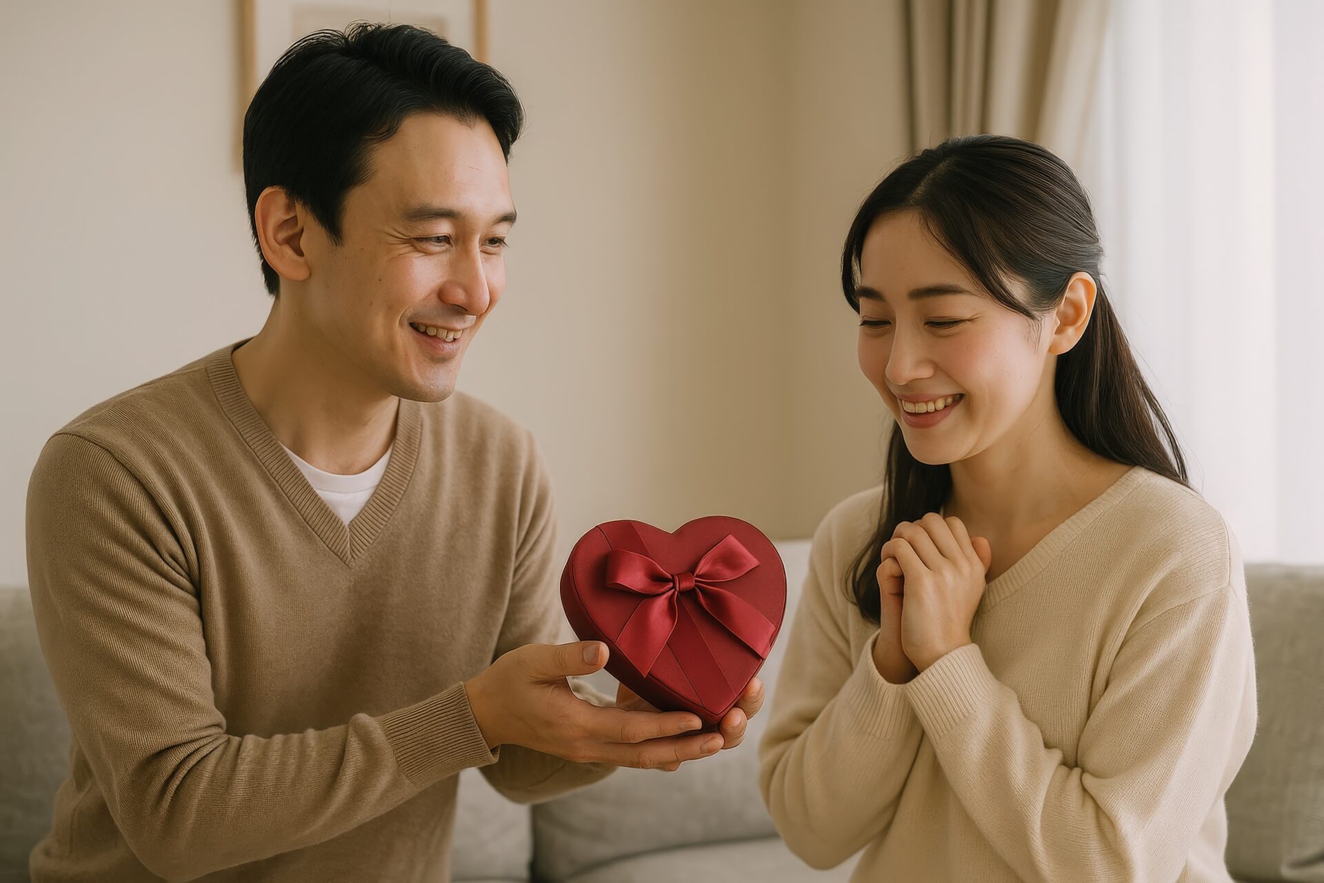 ソファに座ってホワイトデーのギフトを渡す男女