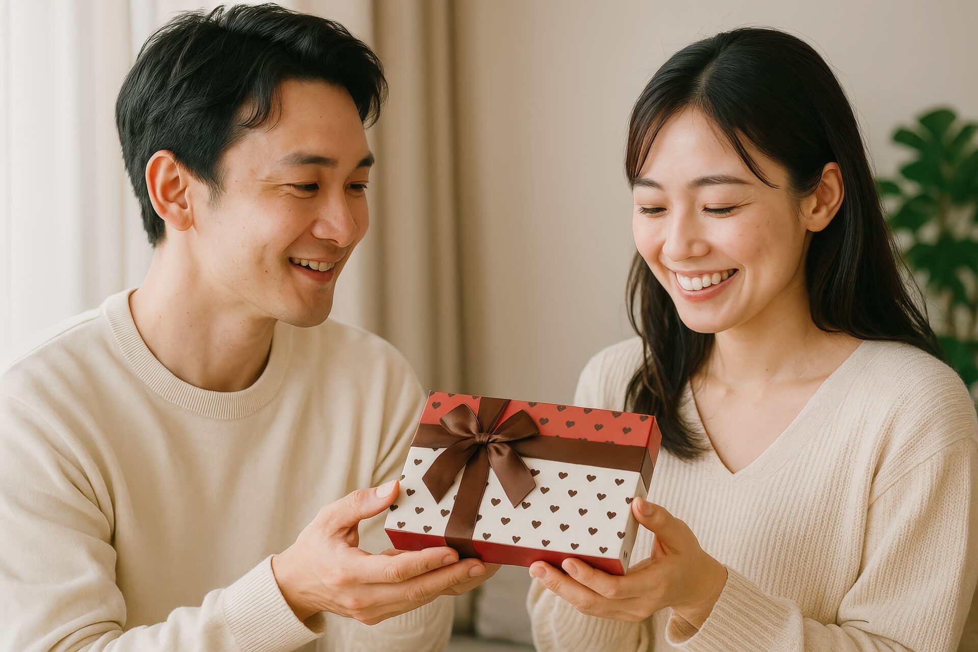 ハート柄の箱を贈るホワイトデーのワンシーン