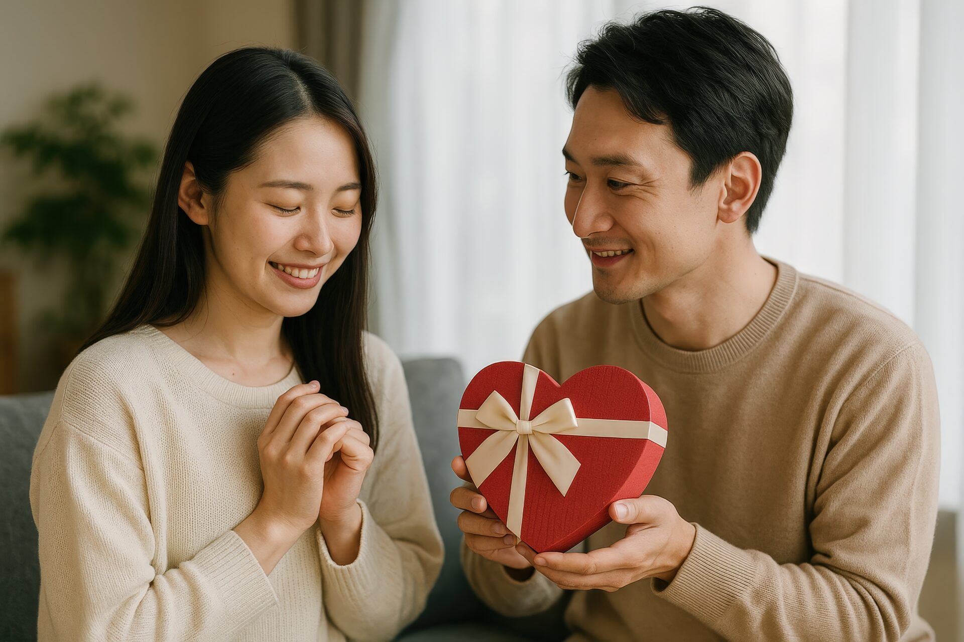 リボン付きの赤いハートボックスを受け取る女性