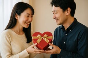 金色リボンのハートボックスを手に持つ二人