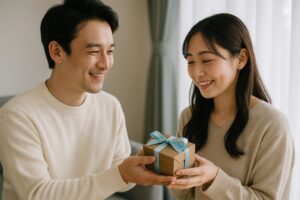 水色のリボンがかかった箱を渡すホワイトデー