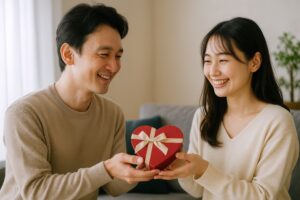 赤いハートボックスを一緒に持つカップルの笑顔