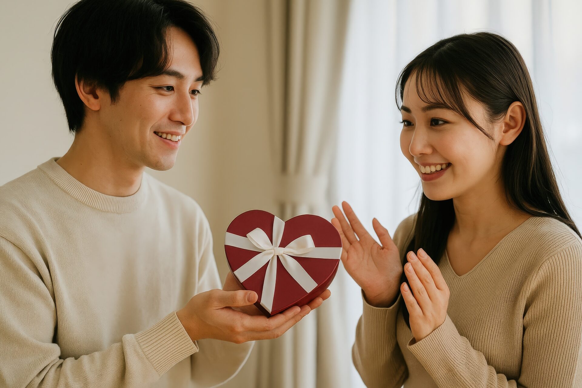 リボン付きハートボックスを差し出す男性と驚く女性