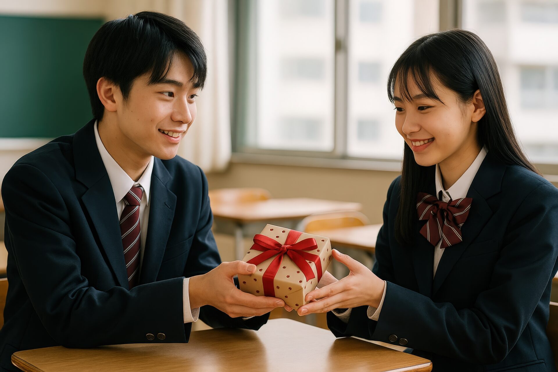 教室でプレゼントを渡す高校生の男女