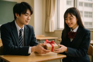 制服姿の高校生がホワイトデーギフトを手渡す瞬間