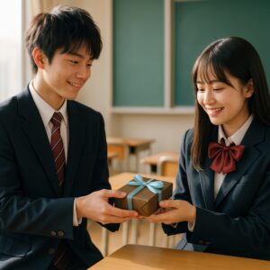 水色のリボンがついたギフトを渡す高校生カップル