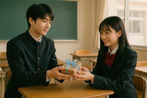 学ラン姿の男子生徒がホワイトデーの贈り物を渡す