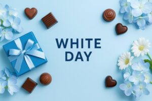 白と青の花に囲まれたホワイトデーギフトとチョコレート