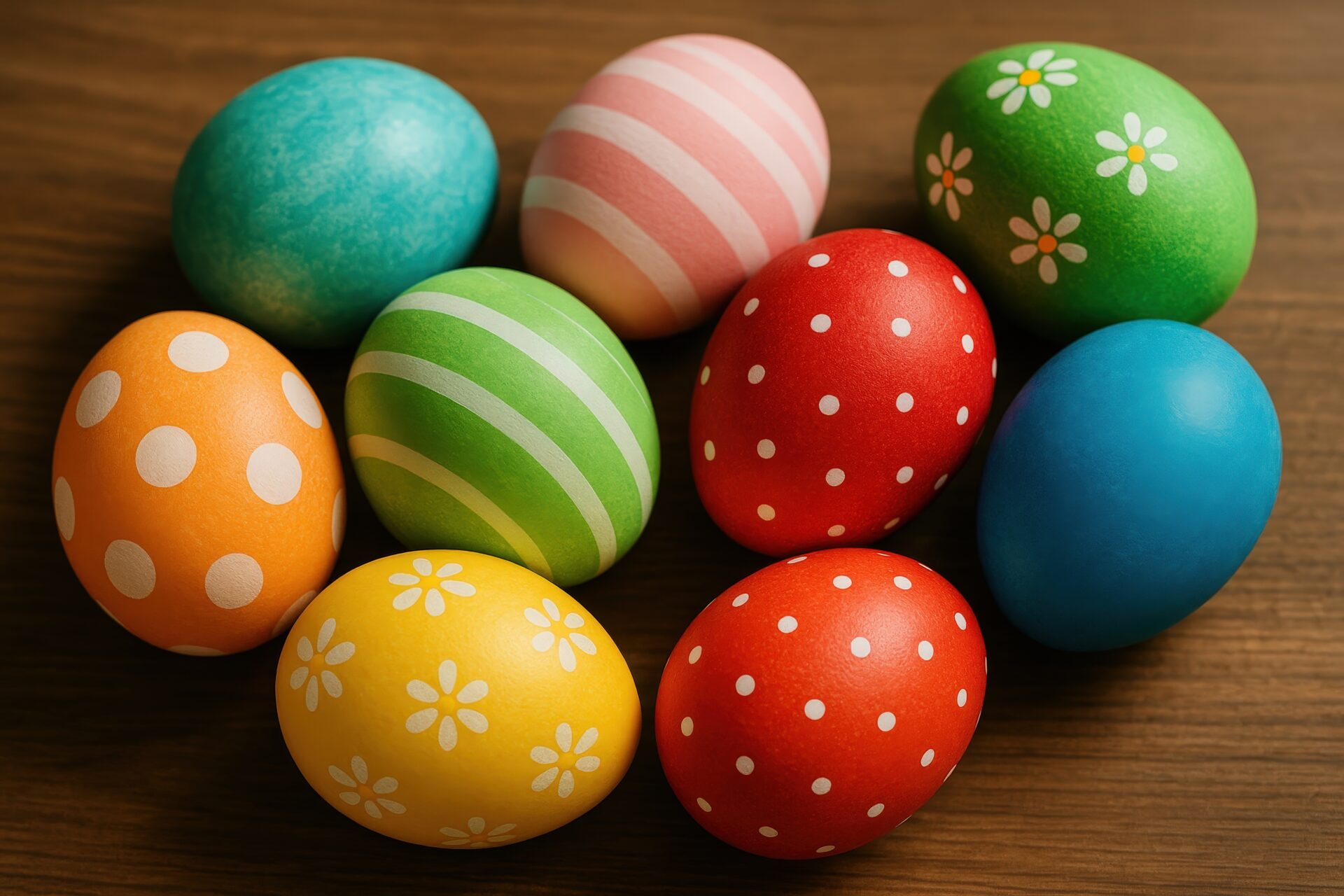 カラフルな模様付きのイースターエッグが並ぶ木のテーブル