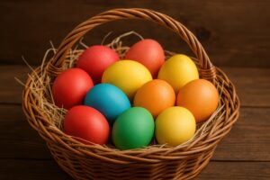 カゴに入った色とりどりのイースターエッグ