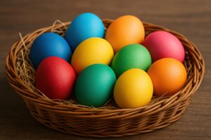 麦わら入りのバスケットに詰められた鮮やかなイースターエッグ