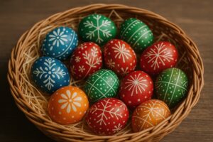 細かい模様が描かれたイースターエッグが詰まったバスケット