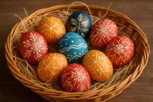 伝統模様が施されたイースターエッグが並ぶお祝いのカゴ