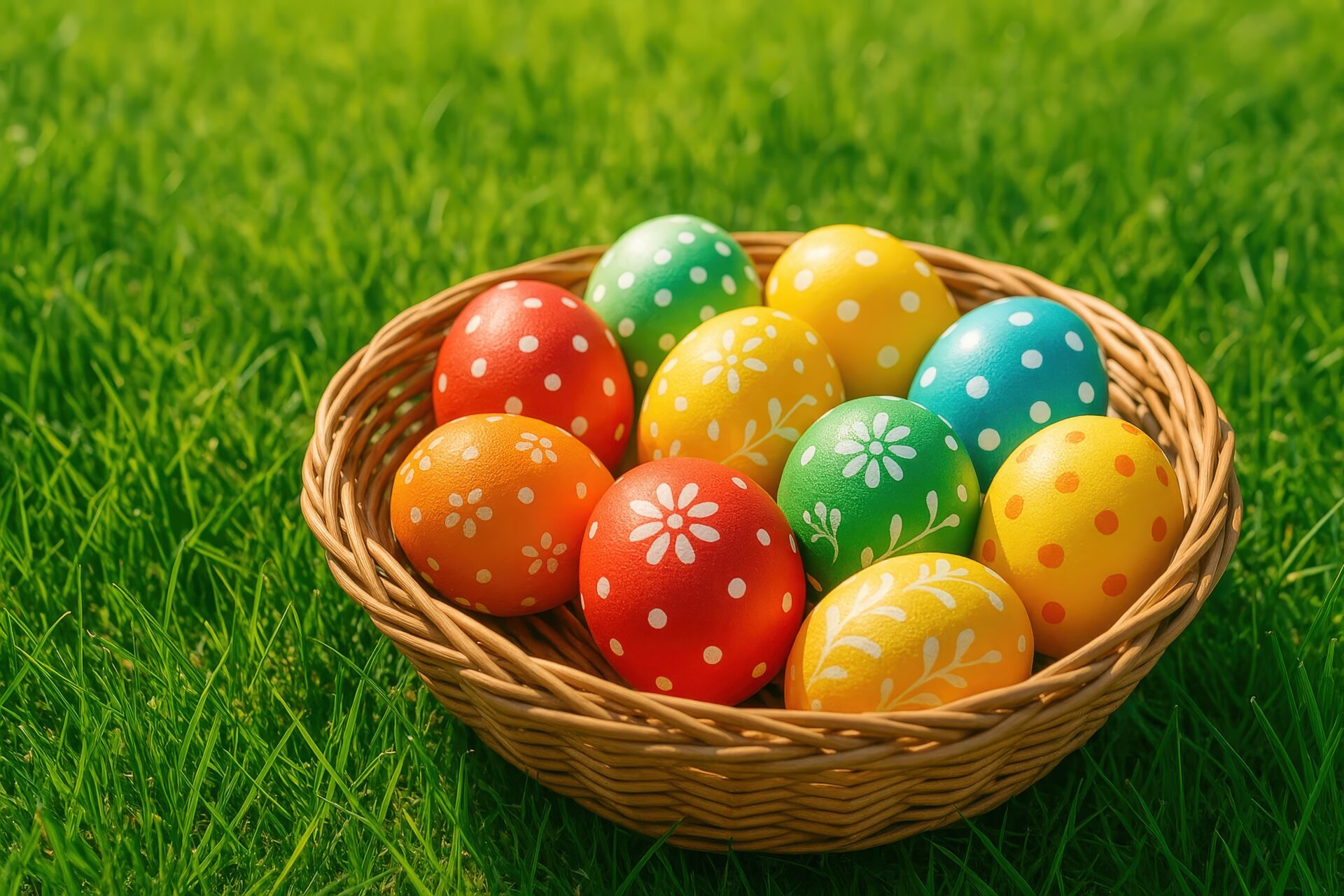芝生の上に置かれたカラフルなイースターエッグのバスケット