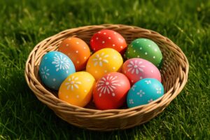 芝生の上に並べられた色とりどりのイースターエッグ