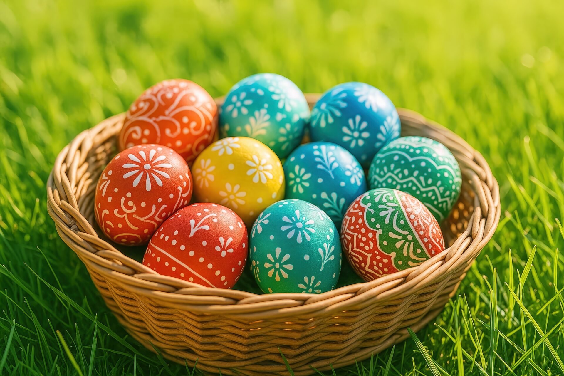 鮮やかな模様が描かれたイースターエッグのバスケット