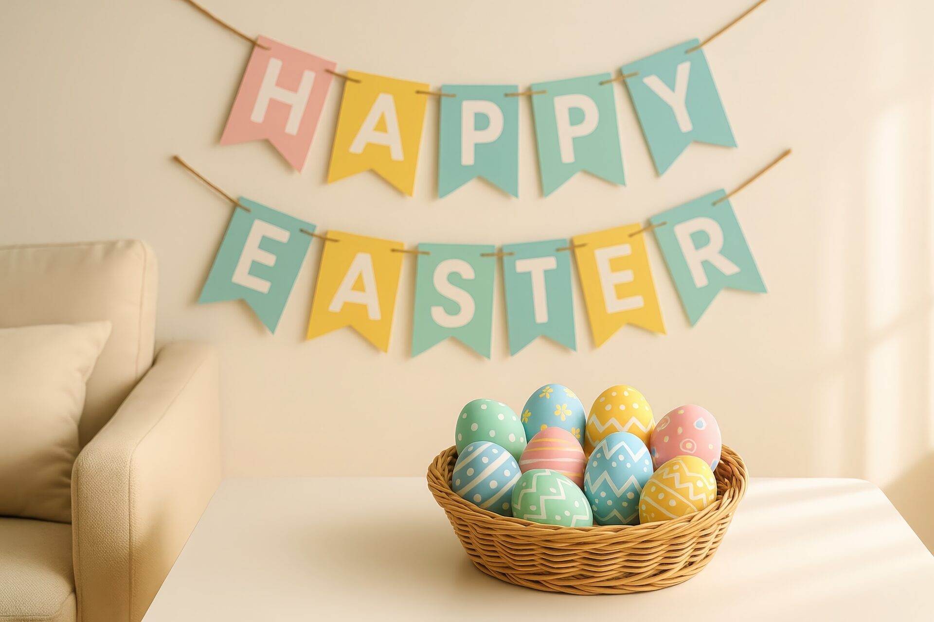 イースターの飾りとバスケットに入ったカラフルなイースターエッグ