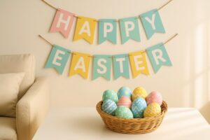 イースターの飾りとバスケットに入ったカラフルなイースターエッグ