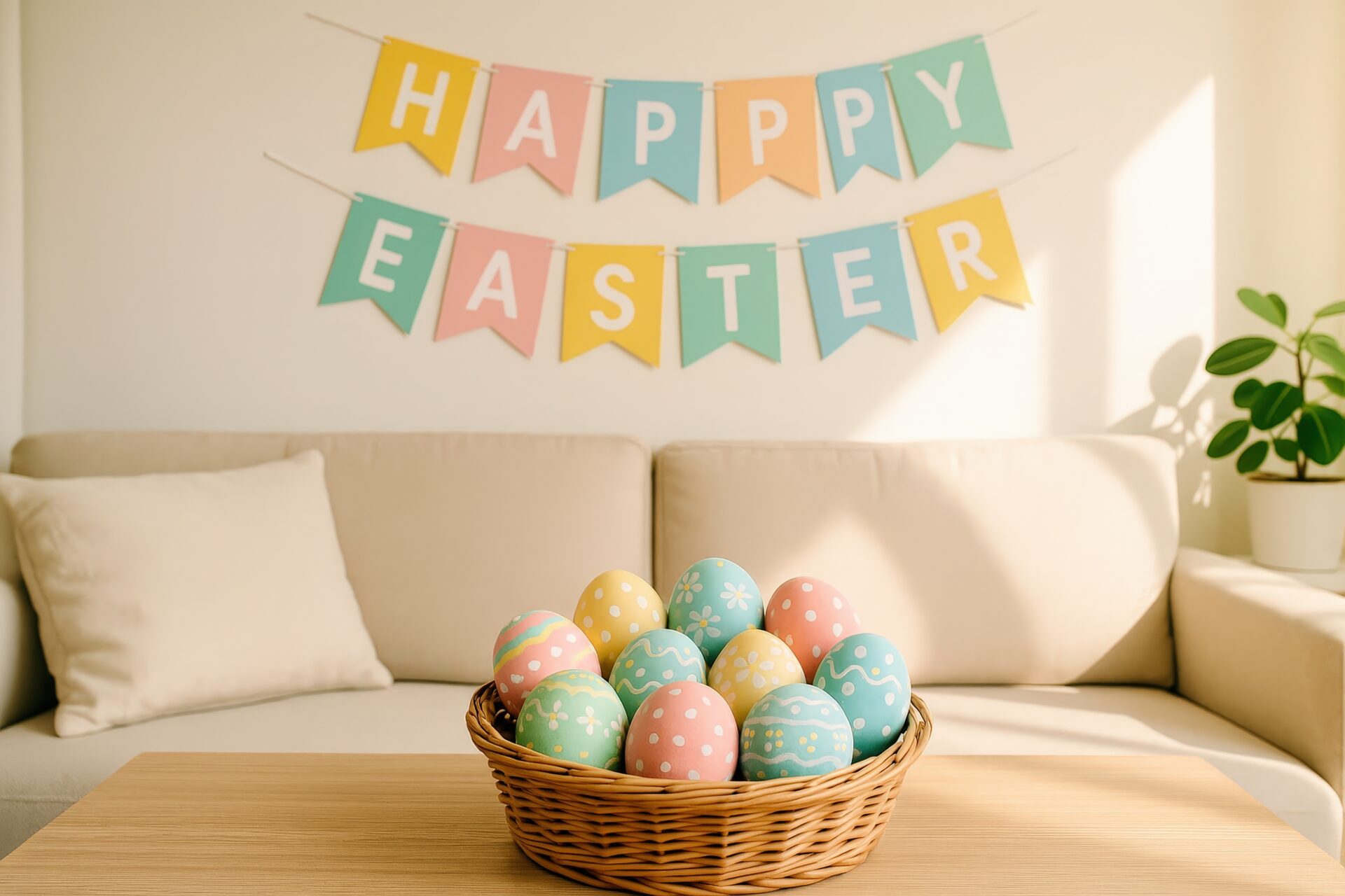ソファとイースターデコレーションに囲まれたイースターエッグのバスケット