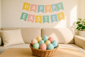 ソファとイースターデコレーションに囲まれたイースターエッグのバスケット