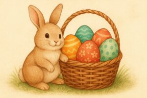 笑顔のうさぎとイースターエッグが入ったバスケットのイラスト