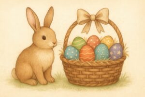 リボン付きバスケットに入ったイースターエッグとうさぎのイラスト