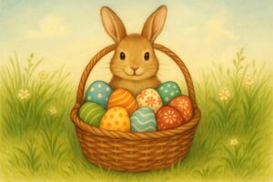 草原の中でバスケットに入ったイースターエッグと一緒に描かれたうさぎのイラスト
