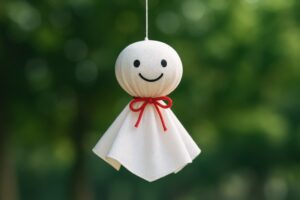 赤いリボンをつけたてるてるぼうず