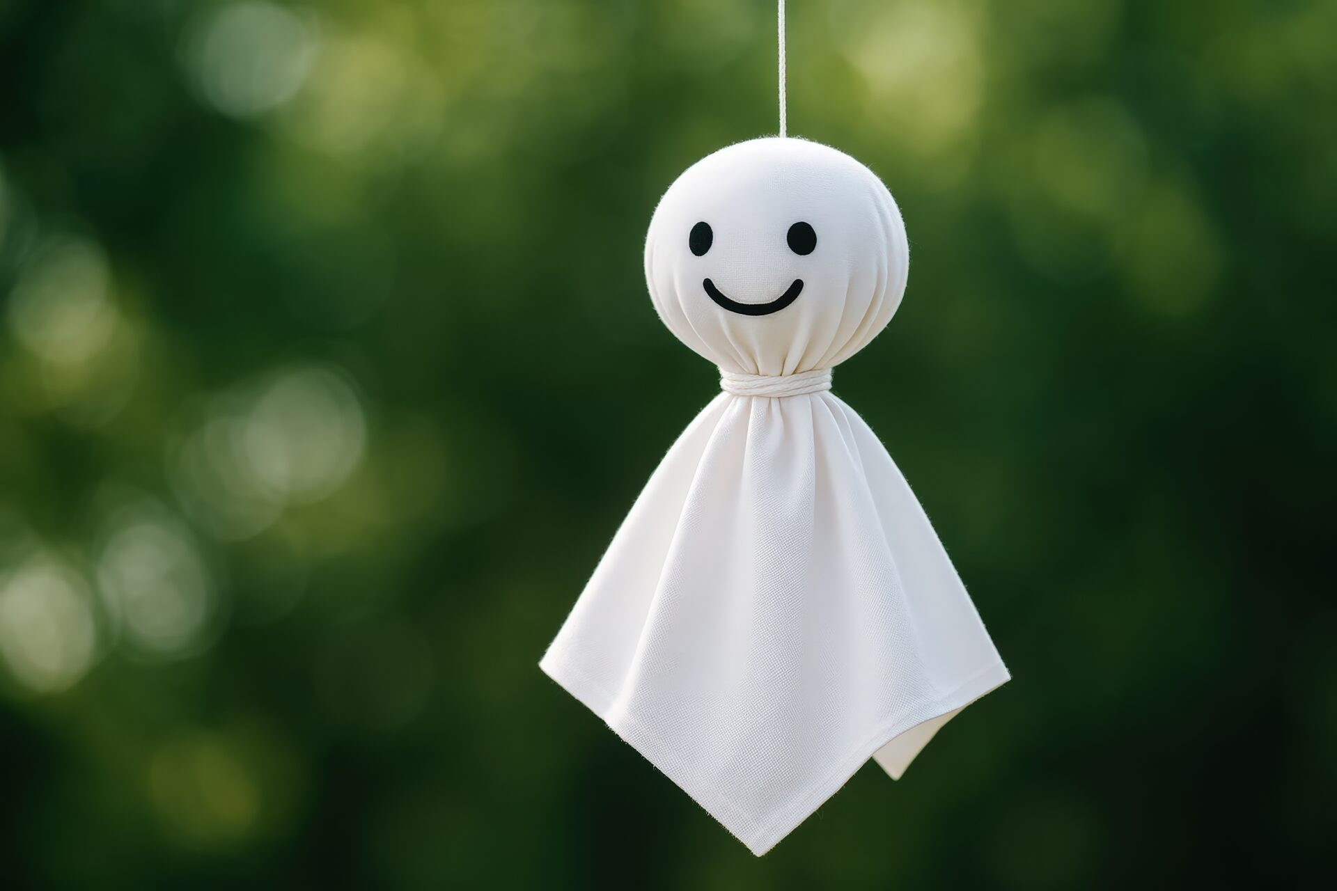 微笑むてるてるぼうずとぼかされた緑の背景