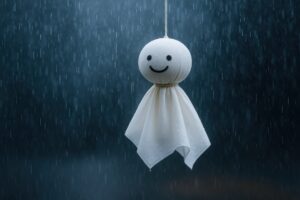 雨の中に吊るされた濡れたてるてるぼうず