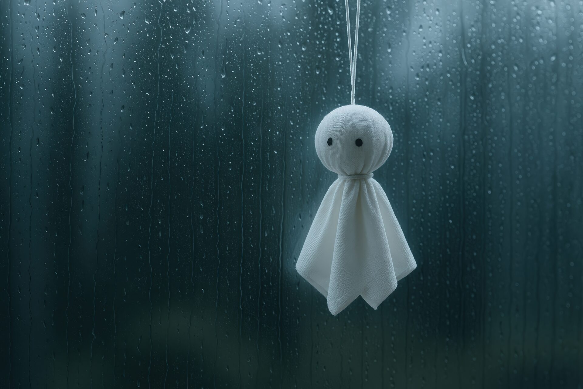 雨に濡れた窓辺に吊るされたてるてるぼうず