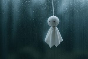 雨に濡れた窓辺に吊るされたてるてるぼうず