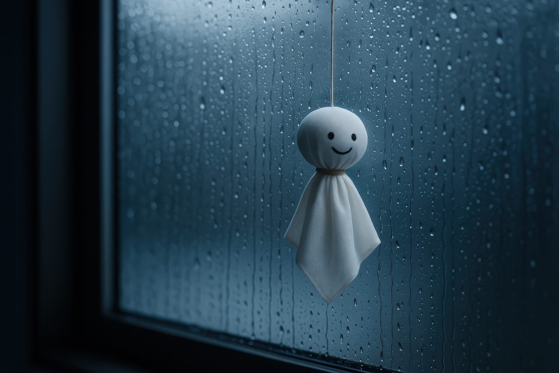 窓際に吊るされたてるてるぼうずと曇ったガラス