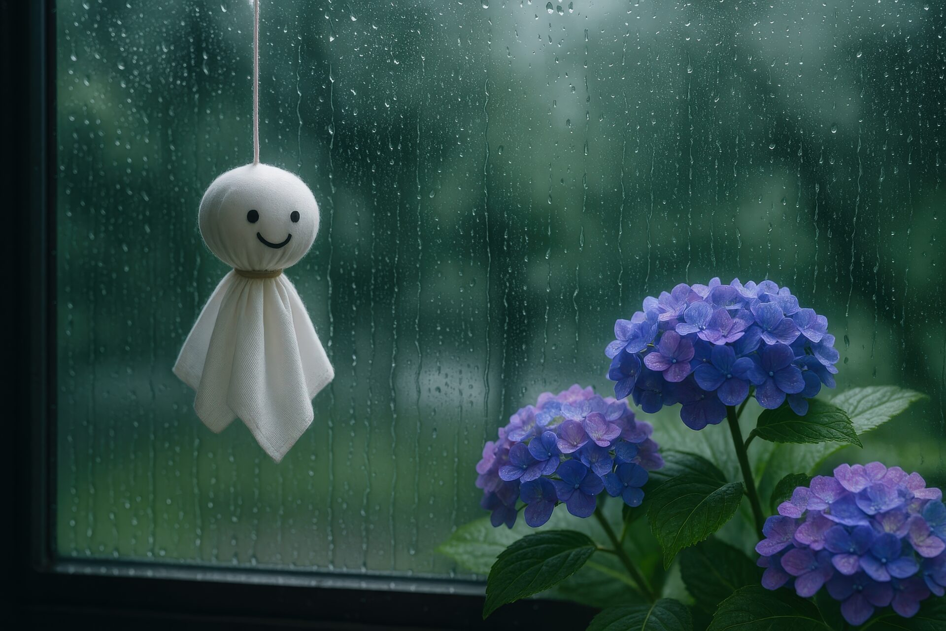 雨の日の窓辺に吊るされたてるてるぼうずと紫陽花