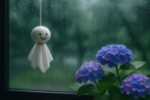 雨の日の窓辺に吊るされたてるてるぼうずと紫陽花